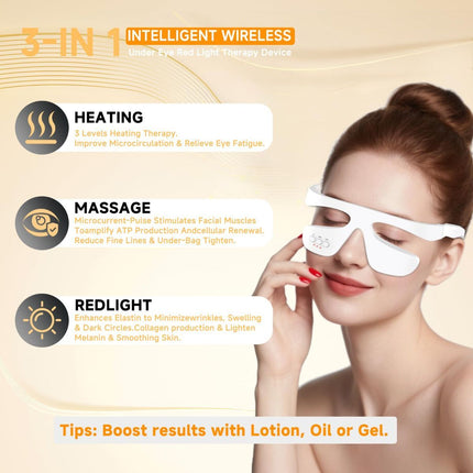Under Eye Red Light Therapy Glasses, Eye Massager Devices for Relieve Eye Bag, Reducing Dark Circles and Puffiness, Smoothing Fine Lines with Microcurrent, Red-Light & Heat & Mood & Sleep Enhancement