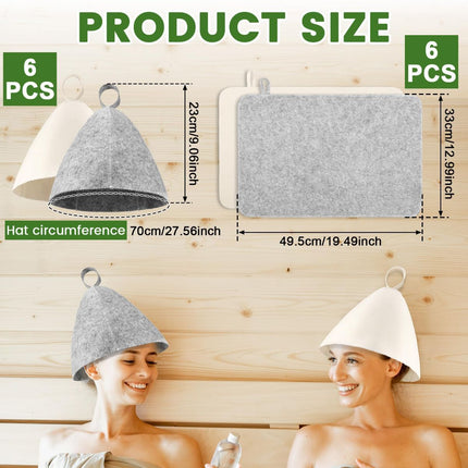 6Pcs Sauna Hats & 6Pcs Sauna Mats, Felt Sauna Hat, Bath Hair Caps with Loops, Heat Insulation Sauna Mat, Head Protection Shower Hat, Safe Sauna Mat Set, Sauna Accessories for Home