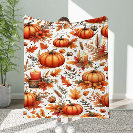 Halloween Throw Blanket Cozy Microfiber Blanket Soft Flannel Throw Festive Home Pumpkin - White-Yellow - Size 100cm*130cm