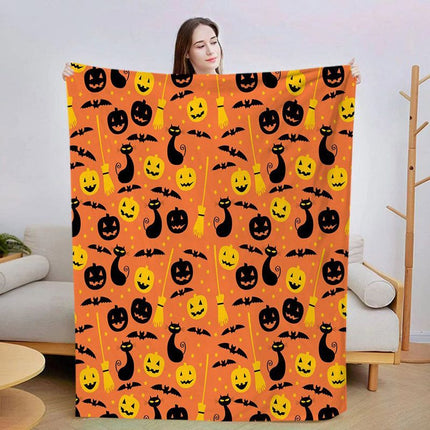 Halloween Throw Blanket Cozy Microfiber Blanket Soft Flannel Throw Festive Home Pumpkin Cat and bat - Orange - Size 70cm*100cm