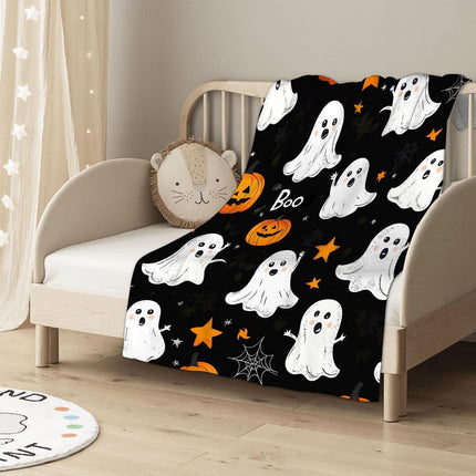 Halloween Throw Blanket Cozy Microfiber Blanket Soft Flannel Throw Festive Home Pumpkin Cat and bat - Orange - Size 70cm*100cm