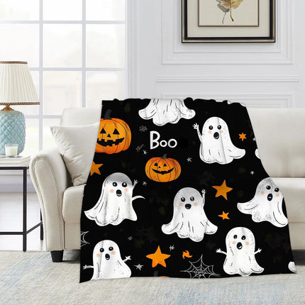 Halloween Throw Blanket Cozy Microfiber Blanket Soft Flannel Throw Festive Home Pumpkin Cat and bat - Orange - Size 70cm*100cm