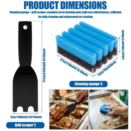 4-Pack Cleaning Sponge and 2-Pack Grill Scraper - Essential Grills Cleaning Kit for George Foreman & Most Grooved Indoor & Outdoor Grills and Sandwich Waffle Makers (6Pcs)