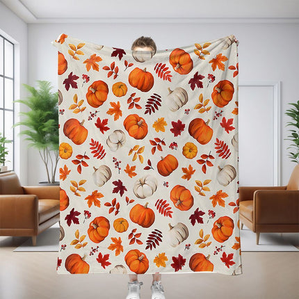 Halloween Throw Blanket Cozy Microfiber Blanket Soft Flannel Throw Festive Home Pumpkin Leaves - White - Size 130cm*150cm