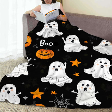 Halloween Throw Blanket Cozy Microfiber Blanket Soft Flannel Throw Festive Home Pumpkin Leaves - White - Size 130cm*150cm