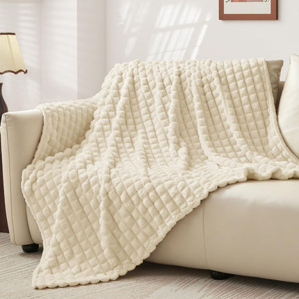 Updated Grey Throw Blanket for Couch and Bed- Super Soft and Warm 3D Checkered Fluffy Fuzzy Fleece Blanket, Luxurious Plush Cozy Blanket for Room Decor Spring - Beige - Size 150cm*200cm