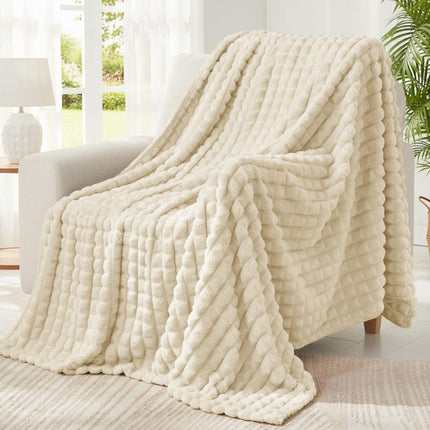 Updated Grey Throw Blanket for Couch and Bed- Super Soft and Warm 3D Checkered Fluffy Fuzzy Fleece Blanket, Luxurious Plush Cozy Blanket for Room Decor Spring - Beige - Size 150cm*200cm
