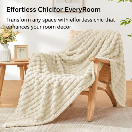 Updated Grey Throw Blanket for Couch and Bed- Super Soft and Warm 3D Checkered Fluffy Fuzzy Fleece Blanket, Luxurious Plush Cozy Blanket for Room Decor Spring - Beige - Size 150cm*200cm
