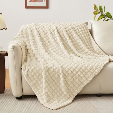 Updated Grey Throw Blanket for Couch and Bed- Super Soft and Warm 3D Checkered Fluffy Fuzzy Fleece Blanket, Luxurious Plush Cozy Blanket for Room Decor Spring - Beige - Size 180cm*200cm