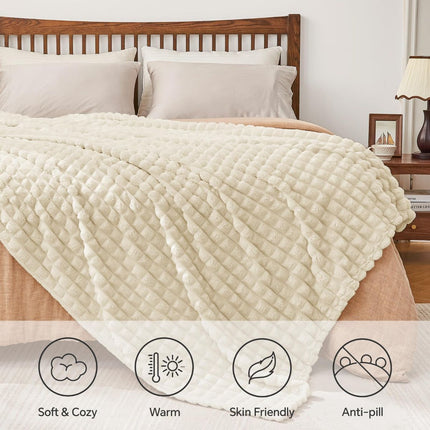 Updated Grey Throw Blanket for Couch and Bed- Super Soft and Warm 3D Checkered Fluffy Fuzzy Fleece Blanket, Luxurious Plush Cozy Blanket for Room Decor Spring - Beige - Size 180cm*200cm