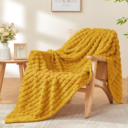 Updated Grey Throw Blanket for Couch and Bed- Super Soft and Warm 3D Checkered Fluffy Fuzzy Fleece Blanket, Luxurious Plush Cozy Blanket for Room Decor Spring - Yellow - Size 150cm*200cm