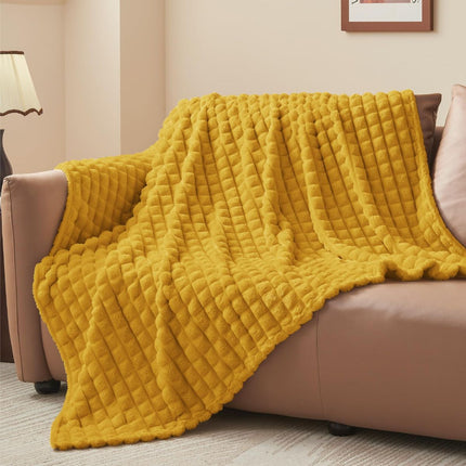 Updated Grey Throw Blanket for Couch and Bed- Super Soft and Warm 3D Checkered Fluffy Fuzzy Fleece Blanket, Luxurious Plush Cozy Blanket for Room Decor Spring - Yellow - Size 200cm*230cm