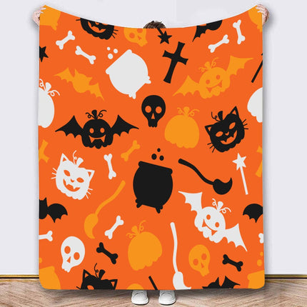 Halloween Throw Blanket Cozy Microfiber Blanket Soft Flannel Throw Festive Home Pumpkin Bat - Orange - Size 100cm*130cm