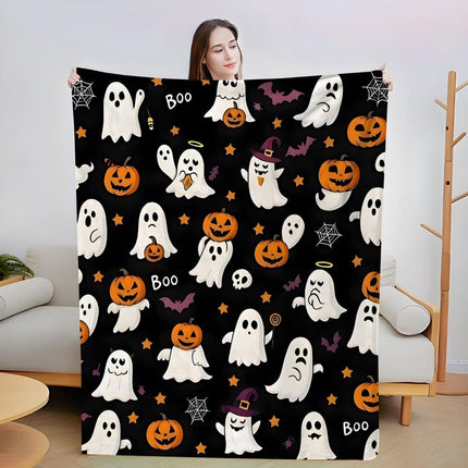Halloween Throw Blanket Cozy Microfiber Blanket Soft Flannel Throw Festive Home Pumpkin Ghost - Black - Size 130cm*150cm