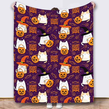 Halloween Throw Blanket Cozy Microfiber Blanket Soft Flannel Throw Festive Home Pumpkin Ghost - Purple - Size 150cm*180cm