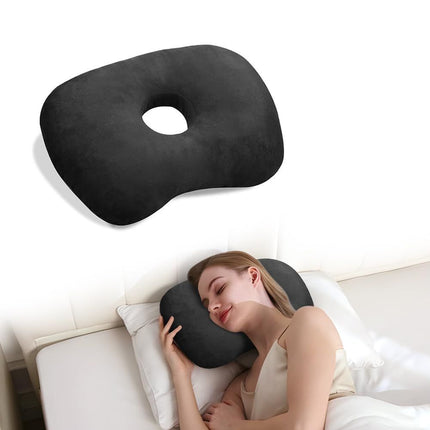 Ear Piercing Hole Pillows Side Sleeper Pillow with an Ear Hole for CNH Side Sleepers and Ear Inflammation Pressure Sores, Adjustable Cotton and Polyester Curved Side Pillow - Black - Size 44cm*32cm