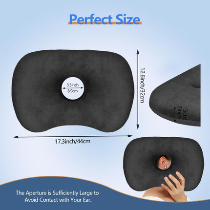 Ear Piercing Hole Pillows Side Sleeper Pillow with an Ear Hole for CNH Side Sleepers and Ear Inflammation Pressure Sores, Adjustable Cotton and Polyester Curved Side Pillow - Black - Size 44cm*32cm