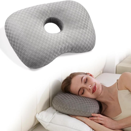 Ear Piercing Hole Pillows Side Sleeper Pillow with an Ear Hole for CNH Side Sleepers and Ear Inflammation Pressure Sores, Adjustable Cotton and Polyester Curved Side Pillow - Gray - Size 44cm*32cm