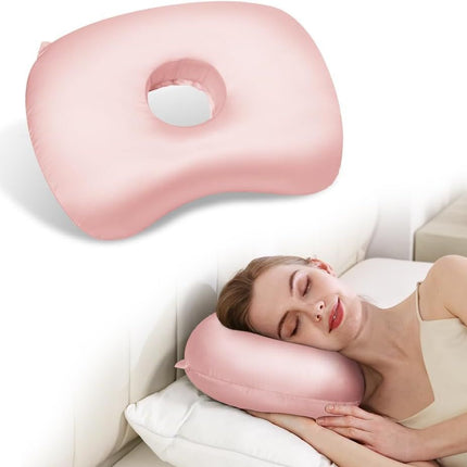 Ear Piercing Hole Pillows Side Sleeper Pillow with an Ear Hole for CNH Side Sleepers and Ear Inflammation Pressure Sores, Adjustable Cotton and Polyester Curved Side Pillow - Pink - Size 44cm*32cm