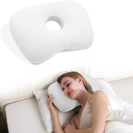 Ear Piercing Hole Pillows Side Sleeper Pillow with an Ear Hole for CNH Side Sleepers and Ear Inflammation Pressure Sores, Adjustable Cotton and Polyester Curved Side Pillow - White - Size 44cm*32cm