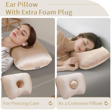 Piercing Pillow - Ear Piercing Pillow With Foam Plug, Adjust Shredded Memory Foam Picrcing Pillow For Side Sleepers, Donut Piliow For Ear With 4.5x4.5''Hole, Ergonomic Curved Design, Satin Champagne | Ear Piercing Pillow For Side Sleepers, Donut Piliow Fo