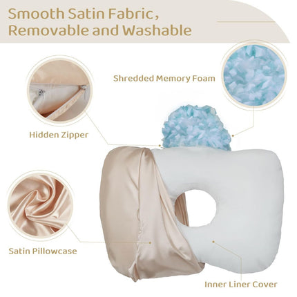 Piercing Pillow - Ear Piercing Pillow With Foam Plug, Adjust Shredded Memory Foam Picrcing Pillow For Side Sleepers, Donut Piliow For Ear With 4.5x4.5''Hole, Ergonomic Curved Design, Satin Gray | Ear Piercing Pillow For Side Sleepers, Donut Piliow For Ear