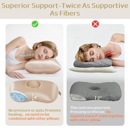 Piercing Pillow - Ear Piercing Pillow With Foam Plug, Adjust Shredded Memory Foam Picrcing Pillow For Side Sleepers, Donut Piliow For Ear With 4.5x4.5''Hole, Ergonomic Curved Design, Satin Pink | Ear Piercing Pillow For Side Sleepers, Donut Piliow For Ear
