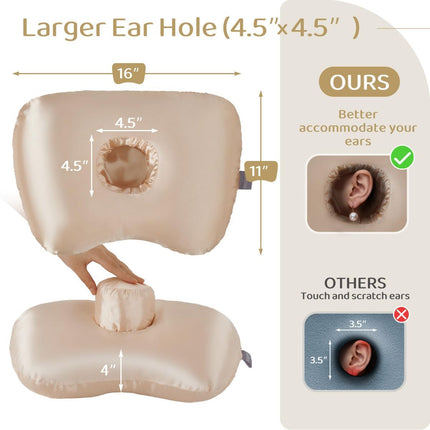 Piercing Pillow - Ear Piercing Pillow With Foam Plug, Adjust Shredded Memory Foam Picrcing Pillow For Side Sleepers, Donut Piliow For Ear With 4.5x4.5''Hole, Ergonomic Curved Design, Satin Pink | Ear Piercing Pillow For Side Sleepers, Donut Piliow For Ear