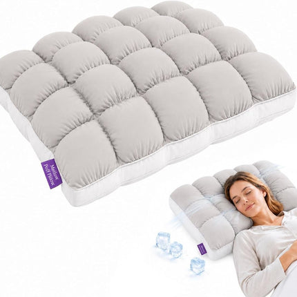 Mellow Puff Cooling Pillow for Sleeping, Fluffy Cloud Pillow with Ice-Silk Touch, Breathable Quilted Grid Design, for Side and Back Sleepers, Machine Washable - Gray - Size 26in*20in