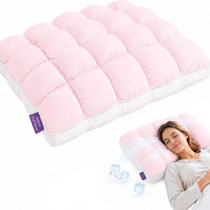 Mellow Puff Cooling Pillow for Sleeping, Fluffy Cloud Pillow with Ice-Silk Touch, Breathable Quilted Grid Design, for Side and Back Sleepers, Machine Washable - Pink - Size 26in*20in
