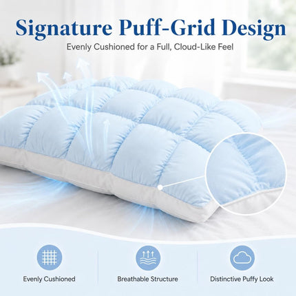 Mellow Puff Cooling Pillow for Sleeping, Fluffy Cloud Pillow with Ice-Silk Touch, Breathable Quilted Grid Design, for Side and Back Sleepers, Machine Washable - Pink - Size 26in*20in