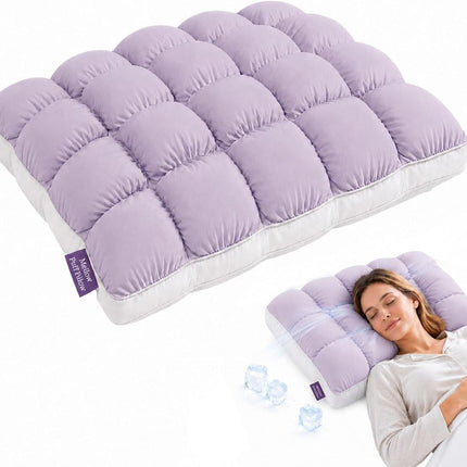 Mellow Puff Cooling Pillow for Sleeping, Fluffy Cloud Pillow with Ice-Silk Touch, Breathable Quilted Grid Design, for Side and Back Sleepers, Machine Washable - Purple - Size 26in*20in