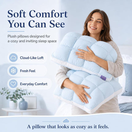 Mellow Puff Cooling Pillow for Sleeping, Fluffy Cloud Pillow with Ice-Silk Touch, Breathable Quilted Grid Design, for Side and Back Sleepers, Machine Washable - Purple - Size 26in*20in