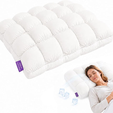 Mellow Puff Cooling Pillow for Sleeping, Fluffy Cloud Pillow with Ice-Silk Touch, Breathable Quilted Grid Design, for Side and Back Sleepers, Machine Washable - White - Size 26in*20in