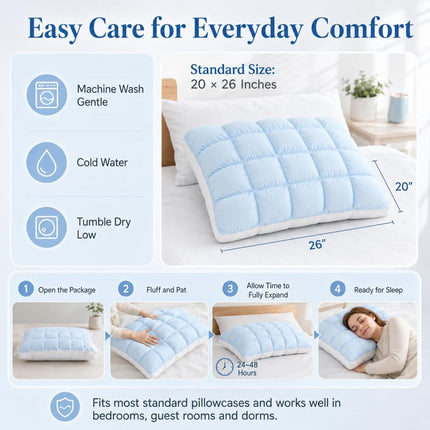 Mellow Puff Cooling Pillow for Sleeping, Fluffy Cloud Pillow with Ice-Silk Touch, Breathable Quilted Grid Design, for Side and Back Sleepers, Machine Washable - White - Size 26in*20in