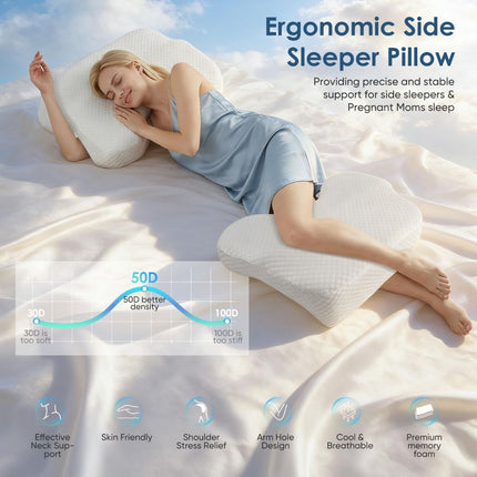 Side Sleeper Pillow for Adults with Arm Holes, Slow Rebound Memory Foam Arm Pillow for Comfortable Neck and Shoulder Support, Multi-Position Sleeping Pillow for Side Back Stomach Sleepers - White - Size 58cm*40cm*42cm