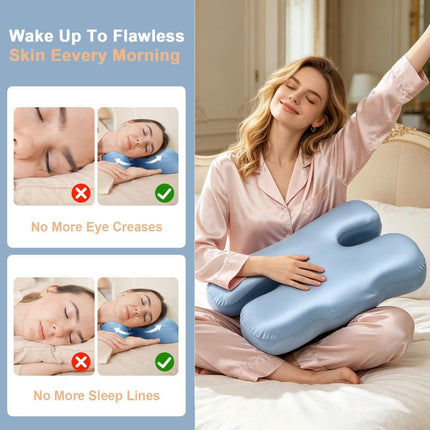 Side Sleeper Pillow for Anti-Wrinkle, Cooling Memory Foam Beauty Pillows for Neck Pain & Breathing Smoothly, Silky Satin Anti-Aging Pillow with Ergonomic Design for Back and Side Sleeper - Blue - Size 57cm*38cm