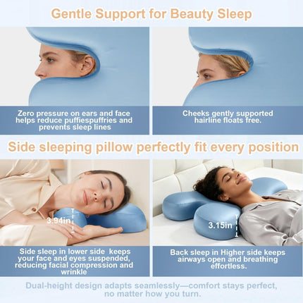 Side Sleeper Pillow for Anti-Wrinkle, Cooling Memory Foam Beauty Pillows for Neck Pain & Breathing Smoothly, Silky Satin Anti-Aging Pillow with Ergonomic Design for Back and Side Sleeper - Blue - Size 57cm*38cm