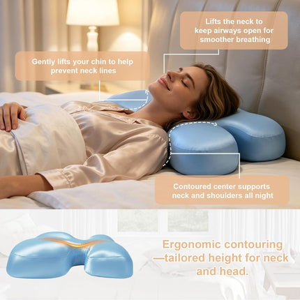 Side Sleeper Pillow for Anti-Wrinkle, Cooling Memory Foam Beauty Pillows for Neck Pain & Breathing Smoothly, Silky Satin Anti-Aging Pillow with Ergonomic Design for Back and Side Sleeper - Blue - Size 57cm*38cm