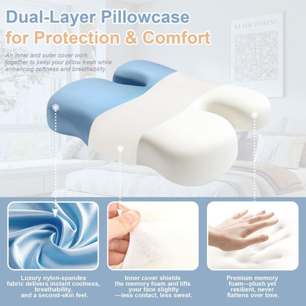Side Sleeper Pillow for Anti-Wrinkle, Cooling Memory Foam Beauty Pillows for Neck Pain & Breathing Smoothly, Silky Satin Anti-Aging Pillow with Ergonomic Design for Back and Side Sleeper - Blue - Size 57cm*38cm