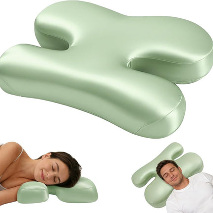 Side Sleeper Pillow for Anti-Wrinkle, Cooling Memory Foam Beauty Pillows for Neck Pain & Breathing Smoothly, Silky Satin Anti-Aging Pillow with Ergonomic Design for Back and Side Sleeper - Green - Size 57cm*38cm