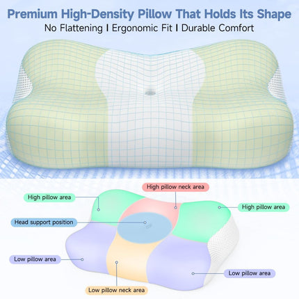 Memory Foam Cervical Pillow, Neck Comfort Support,Ergonomic High-Low Contour Neck Pillow, Supportive Sleeping Pillow for Side, Back, Stomach Sleepers, Removable Washable Cover(Green)