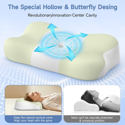 Memory Foam Cervical Pillow, Neck Comfort Support,Ergonomic High-Low Contour Neck Pillow, Supportive Sleeping Pillow for Side, Back, Stomach Sleepers, Removable Washable Cover(Green)