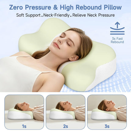Memory Foam Cervical Pillow, Neck Comfort Support,Ergonomic High-Low Contour Neck Pillow, Supportive Sleeping Pillow for Side, Back, Stomach Sleepers, Removable Washable Cover(Green)