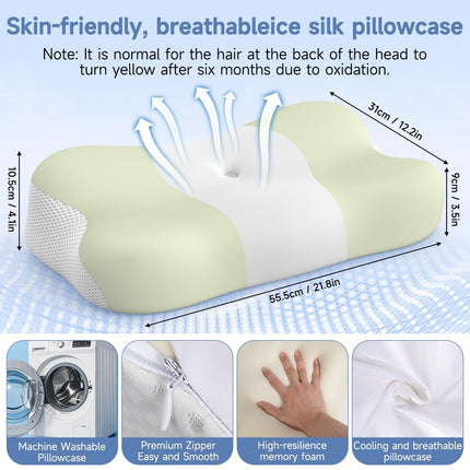 Memory Foam Cervical Pillow, Neck Comfort Support,Ergonomic High-Low Contour Neck Pillow, Supportive Sleeping Pillow for Side, Back, Stomach Sleepers, Removable Washable Cover(Green)