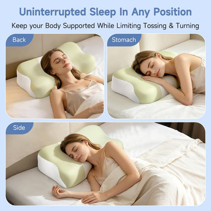 Memory Foam Cervical Pillow, Neck Comfort Support,Ergonomic High-Low Contour Neck Pillow, Supportive Sleeping Pillow for Side, Back, Stomach Sleepers, Removable Washable Cover(Green)