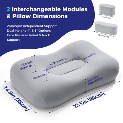 Side Sleeper Pillow - Face & Neck Relief, Dual-Mode 2-in-1, 60D Memory Foam, Dual-Height: 4" & 5", Cervical Support for Side Sleepers, Cooling Washable Cover - White - Size 60cm*38cm