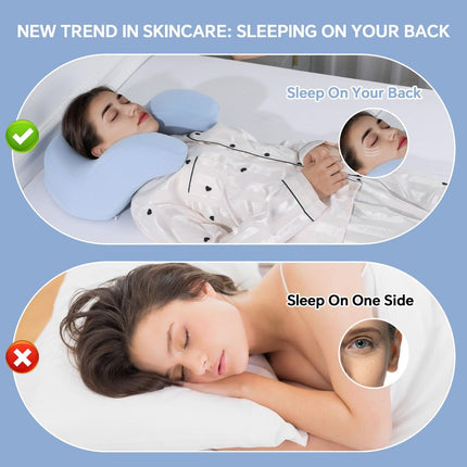 Back Sleeping Training Pillow, Memory Foam Beauty Pillow with Adjustable Height, Neck & Shoulder Support, 2 Washable Covers, Blue