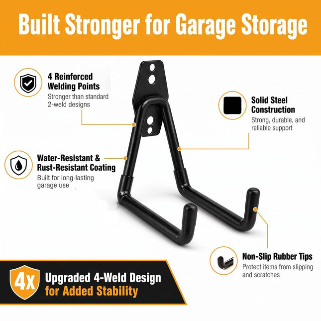 Garage Hooks, 4 Pack 7.7inch Large Square Wall Hooks for Hanging Heavy Duty Ladders, Bikes, Tools Ideal for Garage, Garden, Basement Utility Room Storage (Black)