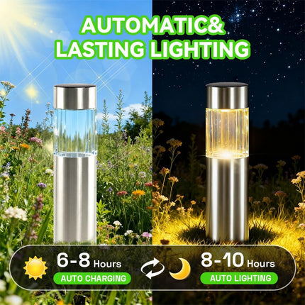 Solar Pathway Lights Outdoor, Stainless Steel Solar Garden Lights, Bright 35LM Warm White LED, Auto On/Off IP65 Waterproof Path Lights for Yard, Lawn, Walkway, Patio, Driveway - Silver - Size 4 Pack